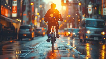 Close-up of bicycle riding in modern city, driving through busy streets, eco friendly and alternative transportation, bike ride in golden hour - obrazy, fototapety, plakaty