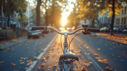 Close-up of bicycle riding in modern city, driving through busy streets, eco friendly and alternative transportation, bike ride in golden hour
