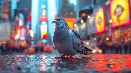 Close-up of dove in the busy street, blurred background and sunlight, beautiful wallpaper of dove 