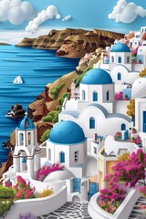 Fototapeta premium Poster of craft a paper-cut image capturing the enchanting beauty of Santorini, Greece.