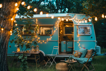 Fototapeta na wymiar A beautifully styled vintage caravan adorned with string lights and welcoming décor creates a cozy atmosphere in a forest setting