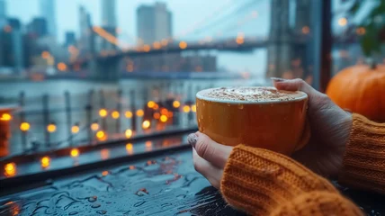 Fotobehang Close-up of a female hand holding a cup of coffee and Brooklyn Bridge is in the background, first-person photo, blurred background, travel image with well known destination © Loucine