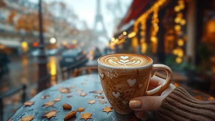 Close-up of a female hand holding a cup of coffee and an Eiffel Tower is in the background,...