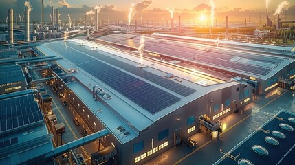 Aerial view of typical factory building roof with rows of solar photovoltaic panels, Ventilation System and Industrial Steam System for producing clean ecological electric energy. Generative AI. - obrazy, fototapety, plakaty