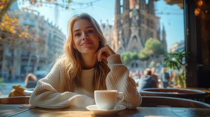 Close-up of a young blonde girl sitting in the cafe and La Sagrada Familia is in the background,...