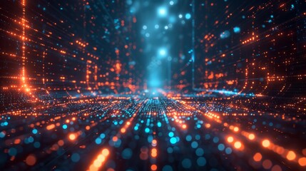 Fototapeta premium Digital landscape of microscopic technology, infinite binary sequences, azure sci-fi ambiance