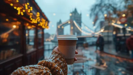 Cercles muraux Tower Bridge Close-up of a female hand holding a cup of coffee and Tower Bridge  is in the background, first-person photo, blurred background, travel image with well known destination