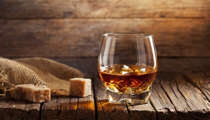 Glass of whiskey with ice on old wooden background and nice decoration. Brandy glass. Scotch whiskey.