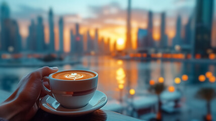 Close-up of a female hand holding a cup of coffee and Dubai City is in the background, first-person...