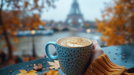 Close-up of a female hand holding a cup of coffee and an Eiffel Tower is in the background,...
