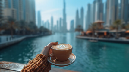 Close-up of a female hand holding a cup of coffee and Dubai City is in the background, first-person...