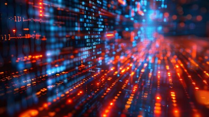 Obraz premium red-orange Cyber security and information or network protection. Future cyber technology web services for business and internet project and binary code in background , blue sci-fi tone
