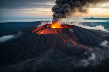 Aerial View of Volcanic Explosion, created with Generative AI technology