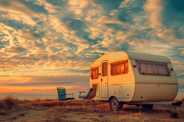 A serene scene with a retro caravan parked on a quiet beach with a breathtaking sunset and fluffy clouds in the sky