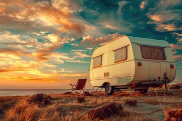 This image captures a retro caravan on a beach with a sunset over the sea, offering a sense of adventure and escape
