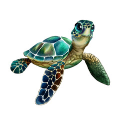 Cartoon Sea green turtle isolated on white background. Watercolor
