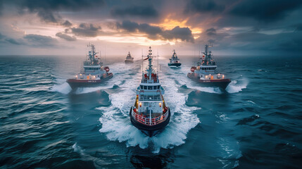 Four large coast guard vessels next to each other sailing across the ocean. Generative AI.