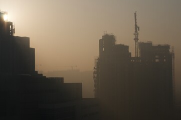 Misty Morning Blurred by Smog Building Construction Street New Delhi India