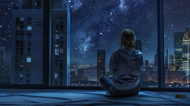 a lonely blond woman, clad in a sweatshirt, seated on a carpet within a modern apartment, gazing at the starry sky through a vast window in the background, in this realistic photo.