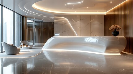 Interior, reception area, curved reception desk, Modern interior, luxury design. Generative AI.