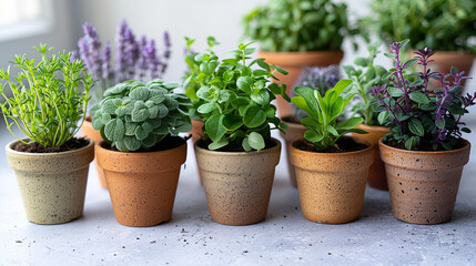 A symmetrical arrangement of small potted herbs, their vibrant green foliage contrasting beautifully with the pure white surface behind them - obrazy, fototapety, plakaty