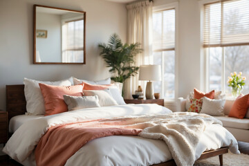 Gemütliches Schlafzimmer mit warmen Farbakzenten und Tageslicht - obrazy, fototapety, plakaty