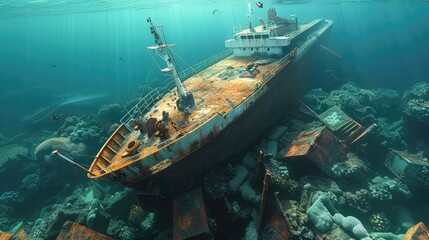 A cargo ship resting silently at the ocean bottom. Generative AI.