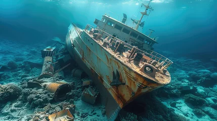 Fotobehang A cargo ship resting silently at the ocean bottom. Generative AI. © visoot