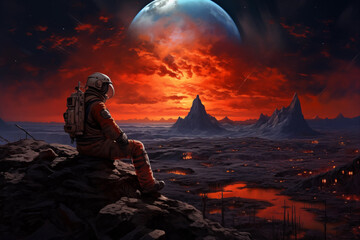 Astronauts on Mars. space travelers exploring the red landscape on the red world.