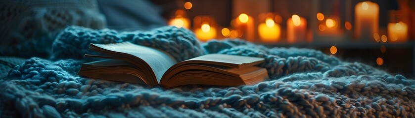 A book is open on a blanket next to a fireplace