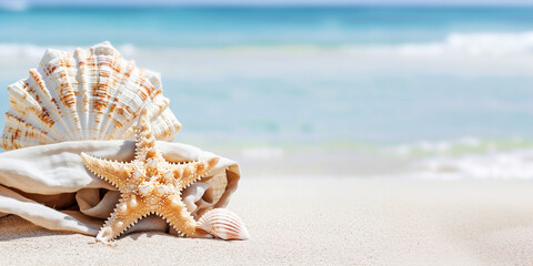 Beach with sea star and shell in sand background. Summer concept