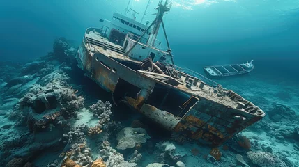 Photo sur Plexiglas Naufrage A cargo ship resting silently at the ocean bottom. Generative AI.