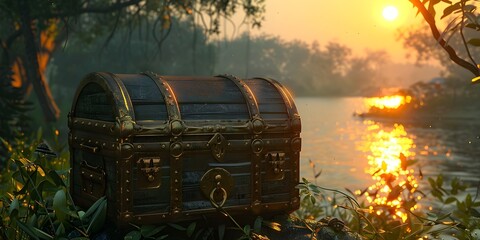 A large wooden chest sits on a lush green hillside next to a river
