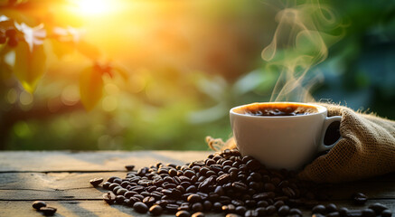 A cup of black coffee with hot vapors rising and a bag with coffee beans scattered on a wooden table. Morning nature background.
 - obrazy, fototapety, plakaty