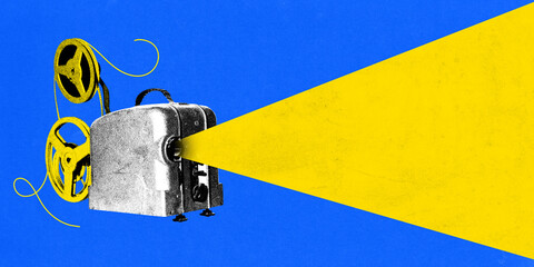 Poster. Contemporary art collage. Vintage movie projector with yellow light against blue...