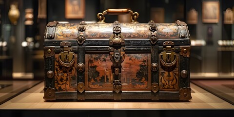 A wooden chest with gold trim sits on a table