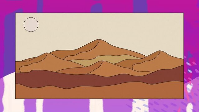 Animation of mountain landscape and shapes on pink background