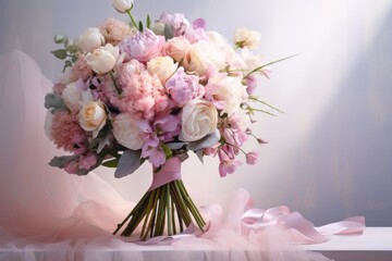 luxurious bouquet in pastel pink and purple colors with silk ribbon, wedding or greeting bouquet, copy space