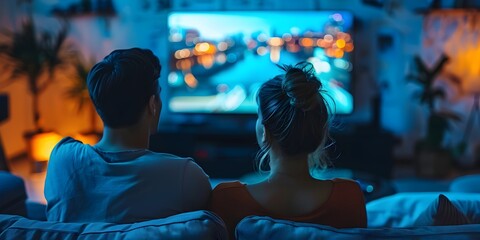 A man and woman are sitting on a couch watching television
