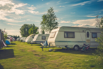 A soothing scene with various caravans, and the comfort of outdoor chairs, against a backdrop of trees and sky