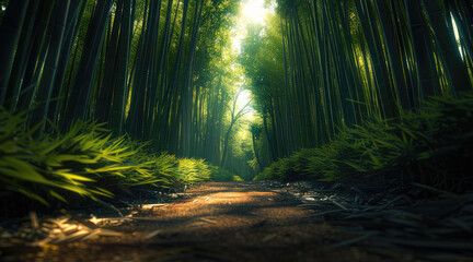 A straight path through a bamboo forest, in the daylight. Generative AI. - obrazy, fototapety, plakaty
