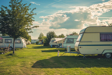 Captivating view of caravans, tents with personal outdoor setups in a green park under soft sunlight