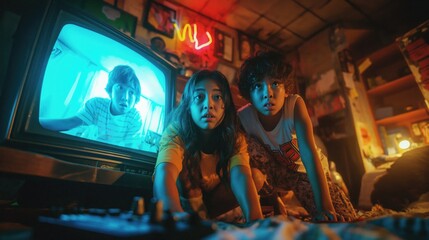 Obraz na płótnie Canvas Three children from a retro 80s-style watching a scary movie scared by a sound from outside. Perfect for streaming service, spooky fun, and nostalgic visuals with a surreal twist