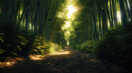 A straight path through a bamboo forest, in the daylight. Generative AI.
