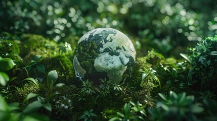 Obraz na płótnie Canvas a globe nestled in lush green nature, symbolizing Environment, circular economy, and net-zero initiatives, embodying the concept of sustainable business.