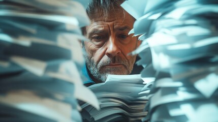 Struggling: Older man overwhelmed by paperwork, debts. Portrays retirement challenges. Ideal for financial stress, retirement planning visuals. - obrazy, fototapety, plakaty