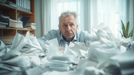 Naklejka na ściany i meble Struggling: Older man overwhelmed by paperwork, debts. Portrays retirement challenges. Ideal for financial stress, retirement planning visuals.