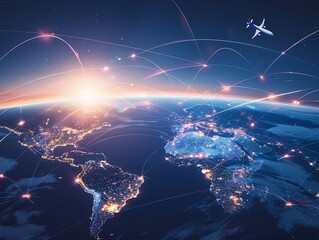 Global maps with flight paths contrasted with global connections on remote work platforms - obrazy, fototapety, plakaty