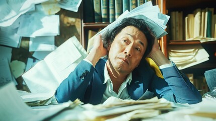 Struggling: Asian man overwhelmed by paperwork, debts. Portrays administrative financial challenges. Ideal for financial stress, financial planning visuals