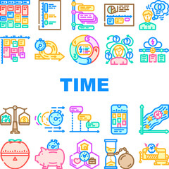 time management schedule task icons set vector. patience student, hourglass work, manage life, calendar hour, project date time management schedule task color line illustrations